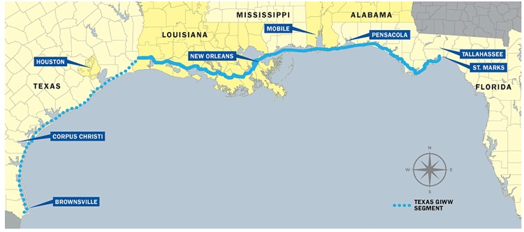 Map of Intracoastal Canal, used by fack-law.com to show the 3 Gulf States' regional connectivity.