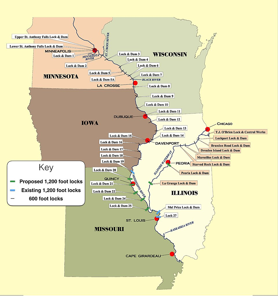 Map of Upper Miss. River lock & dam expansion.