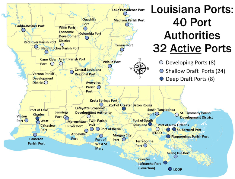 Map of Louisiana Ports, used by fack-law.com to show the 3 Gulf States' regional connectivity.