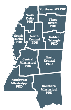Map of MS Planning & Development Districts, used by fack-law.com to show the 3 Gulf States' regional development.