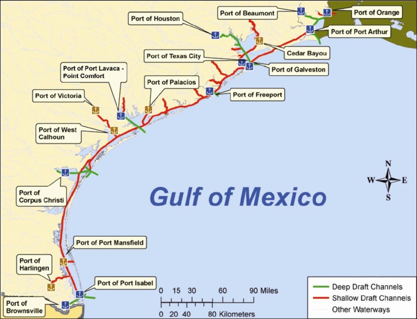 Map of TX coastal & inland ports, used by fack-law.com to show the 3 Gulf States' regional connectivity.