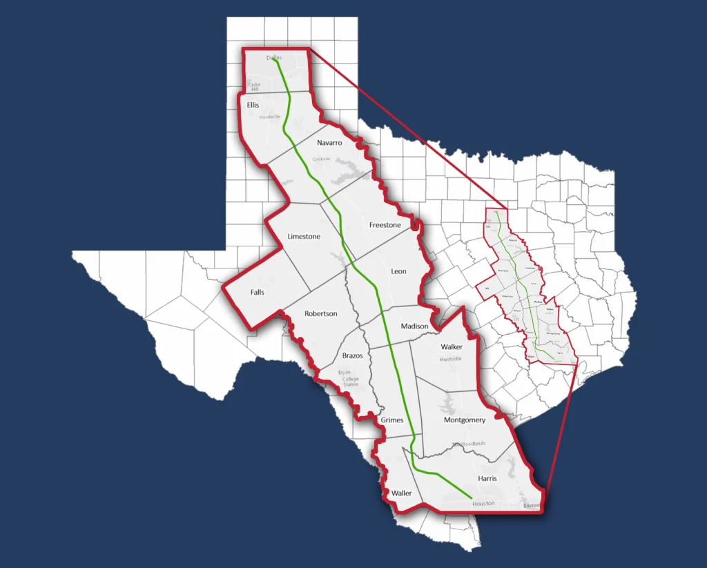 Map for Central TX High Speed Rail used by fack-law.com to show the 3 Gulf States' regional connectivity and development.