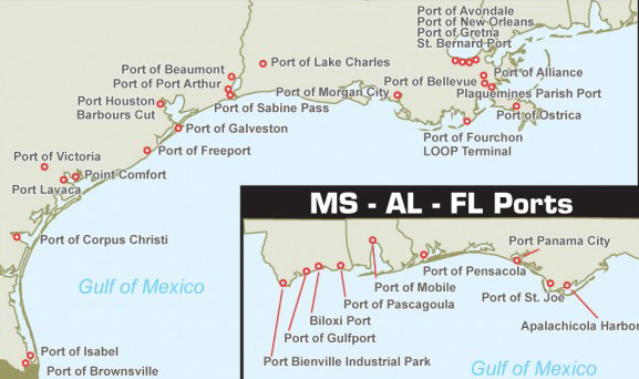 Map of Gulf of America's Coastal ports, used by fack-law.com to show the 3 Gulf States' regional connectivity.