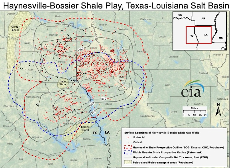 Map of the Haynesville-Bossier Shale Play, used by fack-law.com to show the 3 Gulf States' regional connectivity.