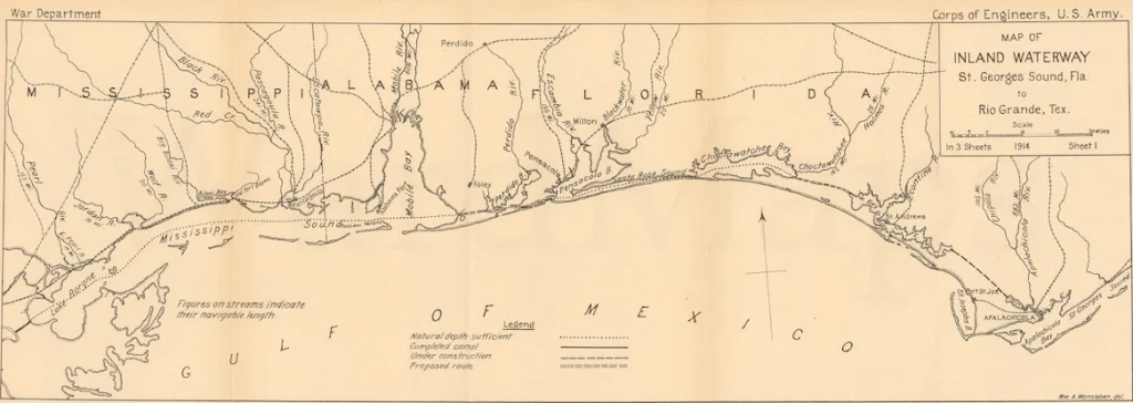 1914 map of Intracoastal Canal, used by fack-law.com to show the 3 Gulf States' regional connectivity.