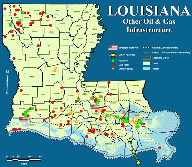 Map of LA oil & gas infrastructure, used by fack-law.com to show the 3 Gulf States' regional connectivity.