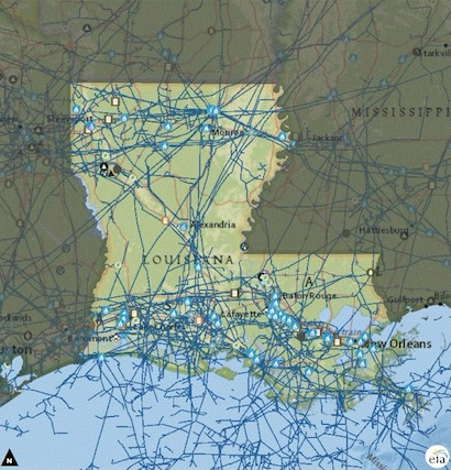 Map of Louisiana energy pipelines, used by fack-law.com to show the 3 Gulf States' regional connectivity.