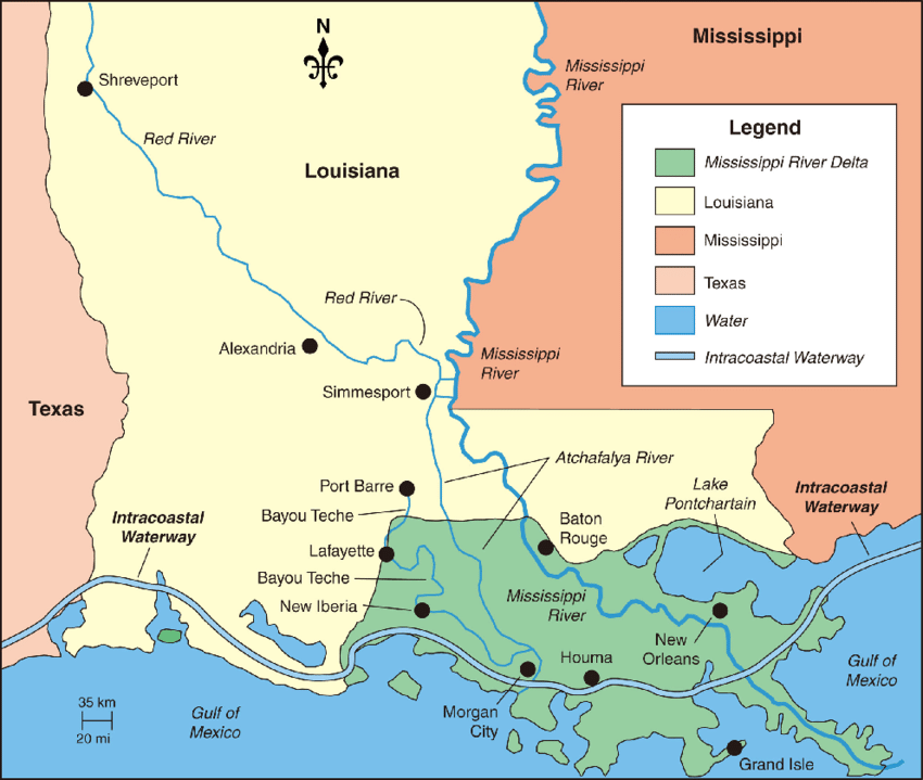 Map of Miss. River Delta, used by fack-law.com to show the 3 Gulf States' geographical diversity.