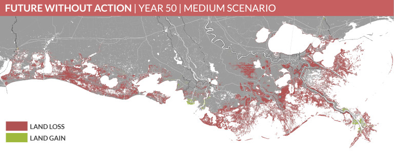 Map projecting LA's coastal erosion, used by fack-law.com to show the 3 Gulf States' geographical diversity.