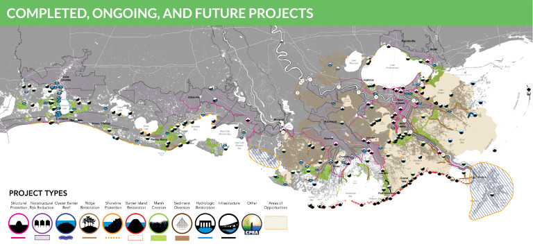 Map of LA's coastal restoration projects, used by fack-law.com to show the 3 Gulf States' geographical diversity.