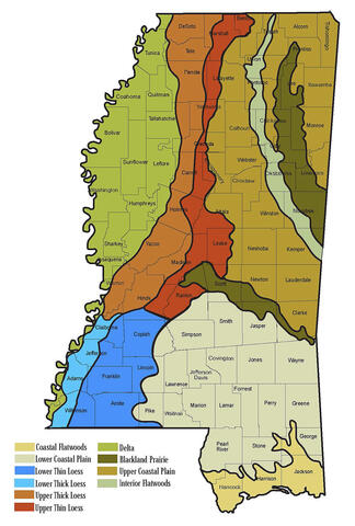 Map of Mississippi's soil structure, used by fack-law.com to show the 3 Gulf States' geographical diversity.