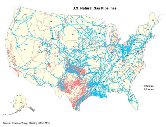 Map of U.S. Natural Gas Pipelines, used by fack-law.com to show the 3 Gulf States' regional connectivity.