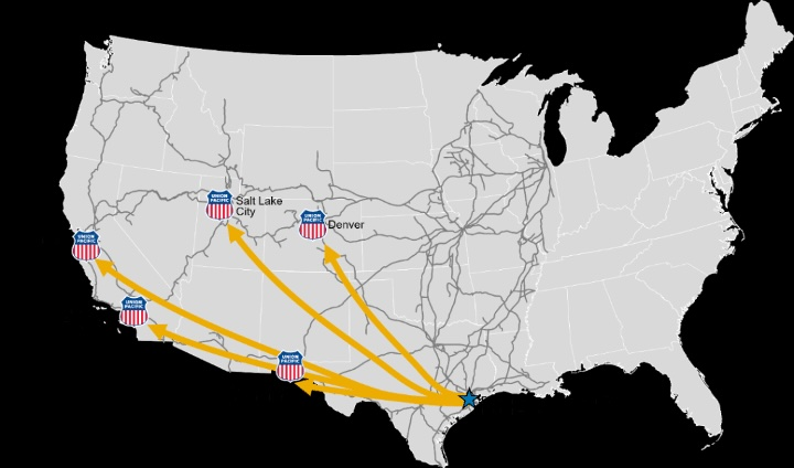 Map of Port of Houston service hubs, used by fack-law.com to show the 3 Gulf States' regional connectivity.