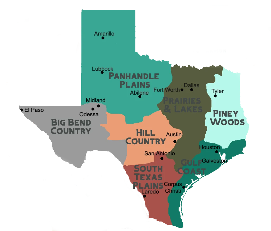 Map of Texas regions, used by fack-law.com to show the 3 Gulf States' geographical diversity.