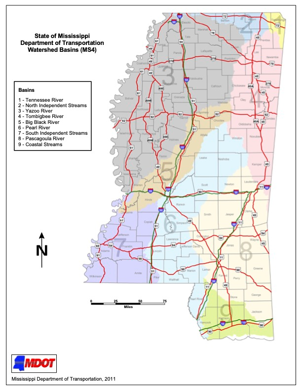 Map of the MS Watershed Basins, used by fack-law.com to show the 3 Gulf States' regional connectivity.