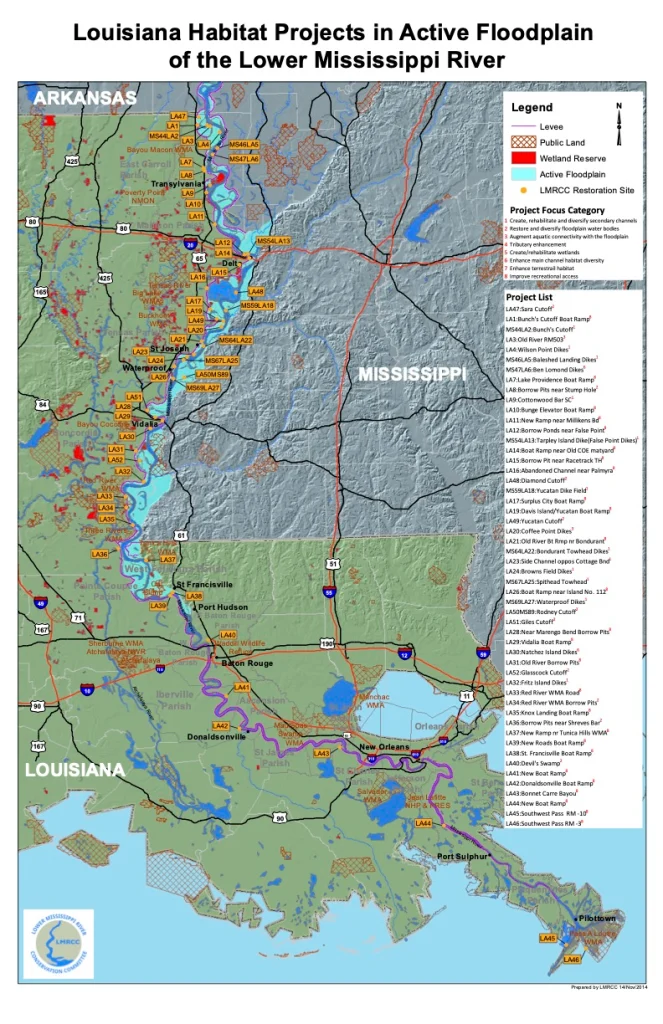 Map of LA Habitat Projects on Miss. River, used by fack-law.com to show the 3 Gulf States' connectivity and development.