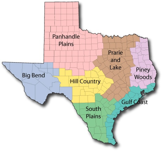 Map of the Texas Regions, used by fack-law.com to show the 3 Gulf States' geographical diversity.