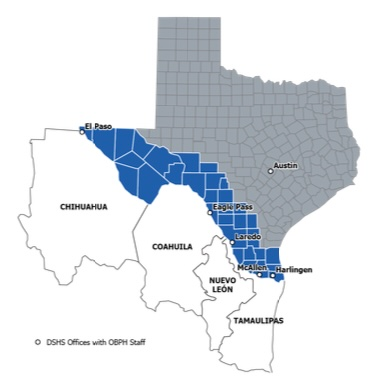 Map of TX communities along US-MEX Border used by fack-law.com to show the 3 Gulf States' regional connectivity.