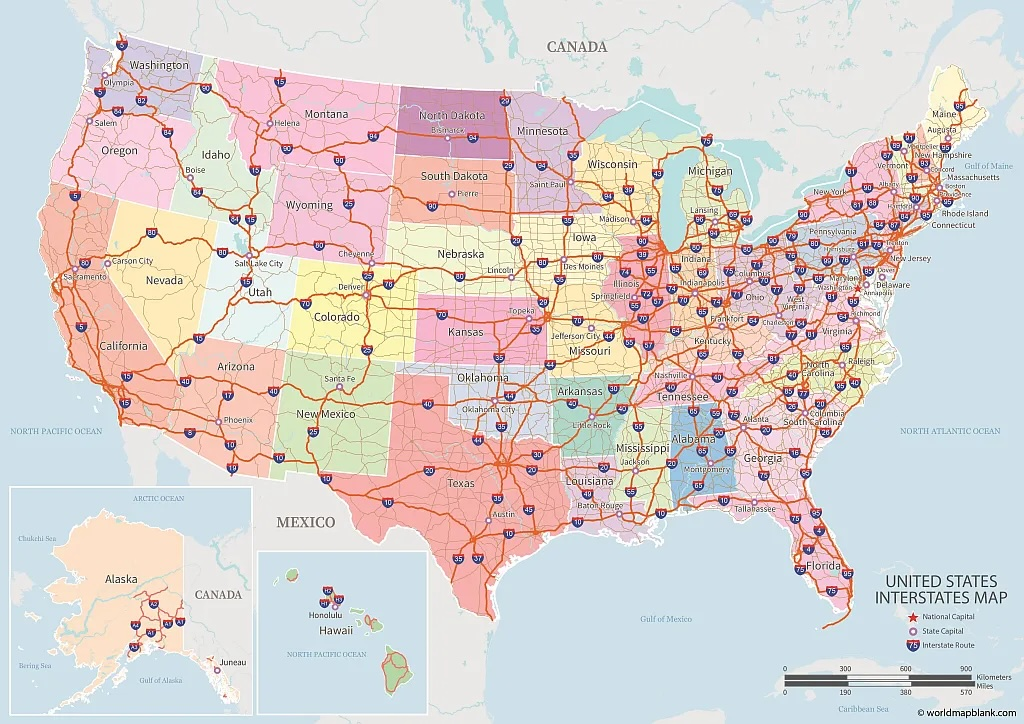 Map of United States Interstate System used by fack-law.com to show the 3 Gulf States' regional connectivity.