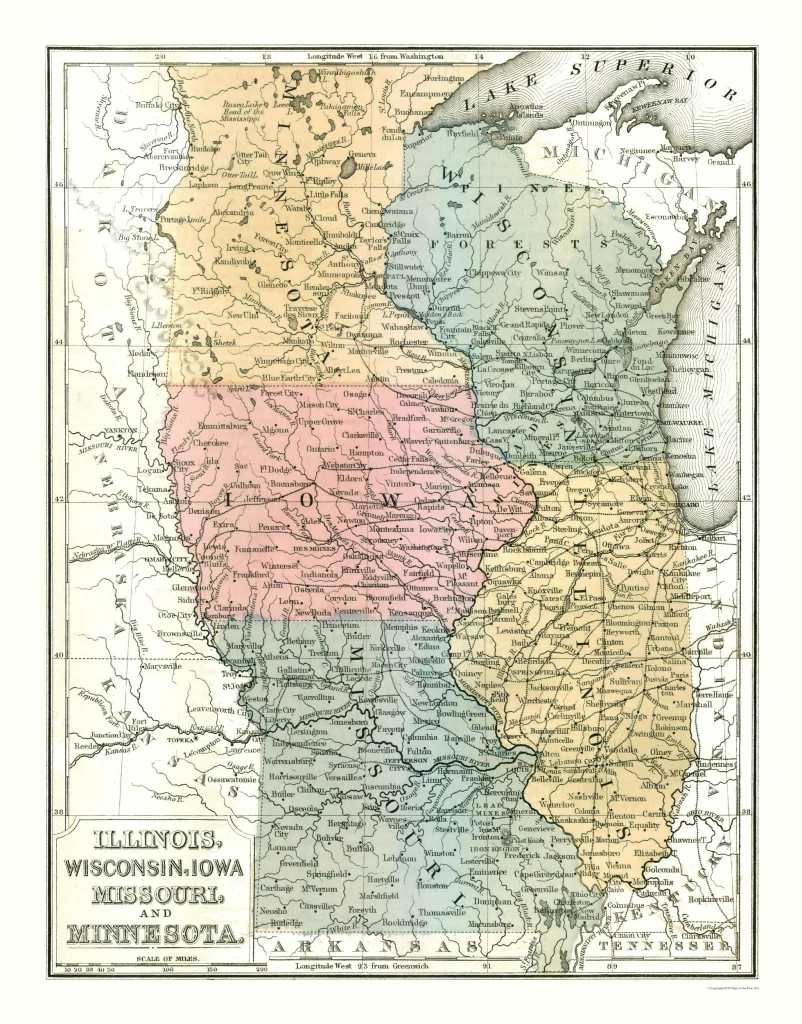 1869 map of Upper Mississippi River Valley depicting the North Midwest United States.