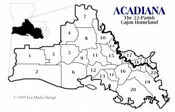 Map of Acadiana: 22-Parish Cajun Homeland, used by fack-law.com to reflect the 3 Gulf States' shared history.