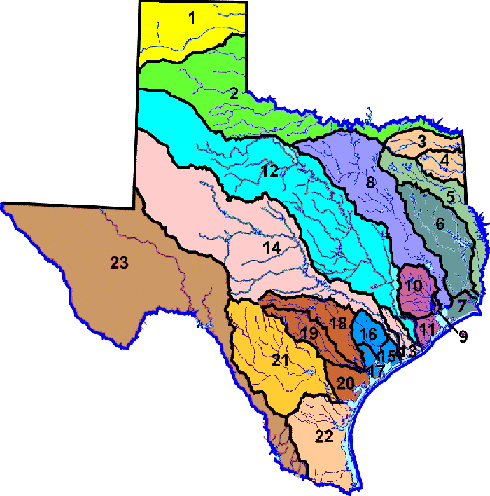 Map of Texas River Basins, used by fack-law.com to show the 3 Gulf States' regional connectivity.