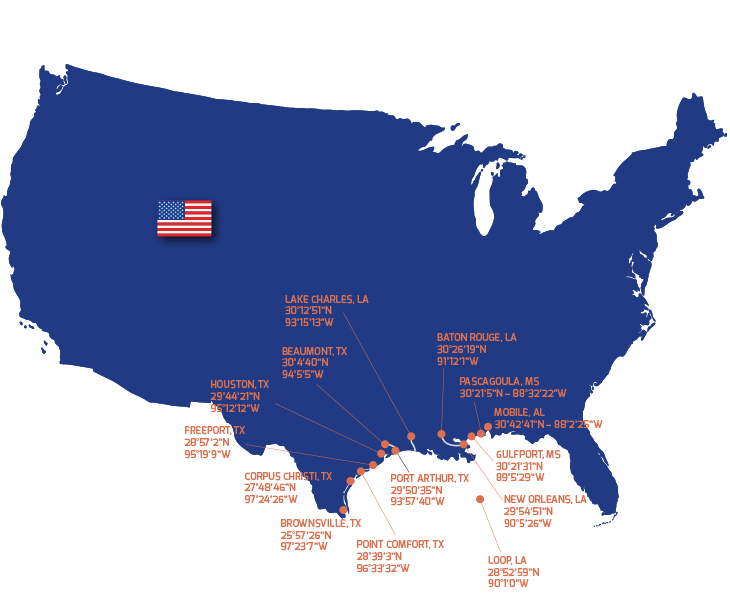 Map of Gulf of America's sea ports, used by fack-law.com to show the 3 Gulf States' regional connectivity.