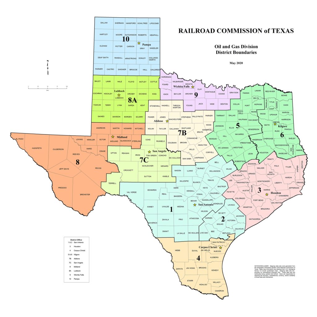 Texas map of Oil & Gas Division District Boundaries used by fack-law.com to show the 3 Gulf States' regional development and connectivity.