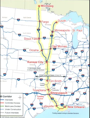 National map of I-49 System, used by fack-law.com to show the 3 Gulf States' regional connectivity and development.