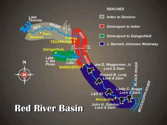 Map for Red River lock/dam system, used by fack-law.com to show the 3 Gulf States' regional connectivity and development.