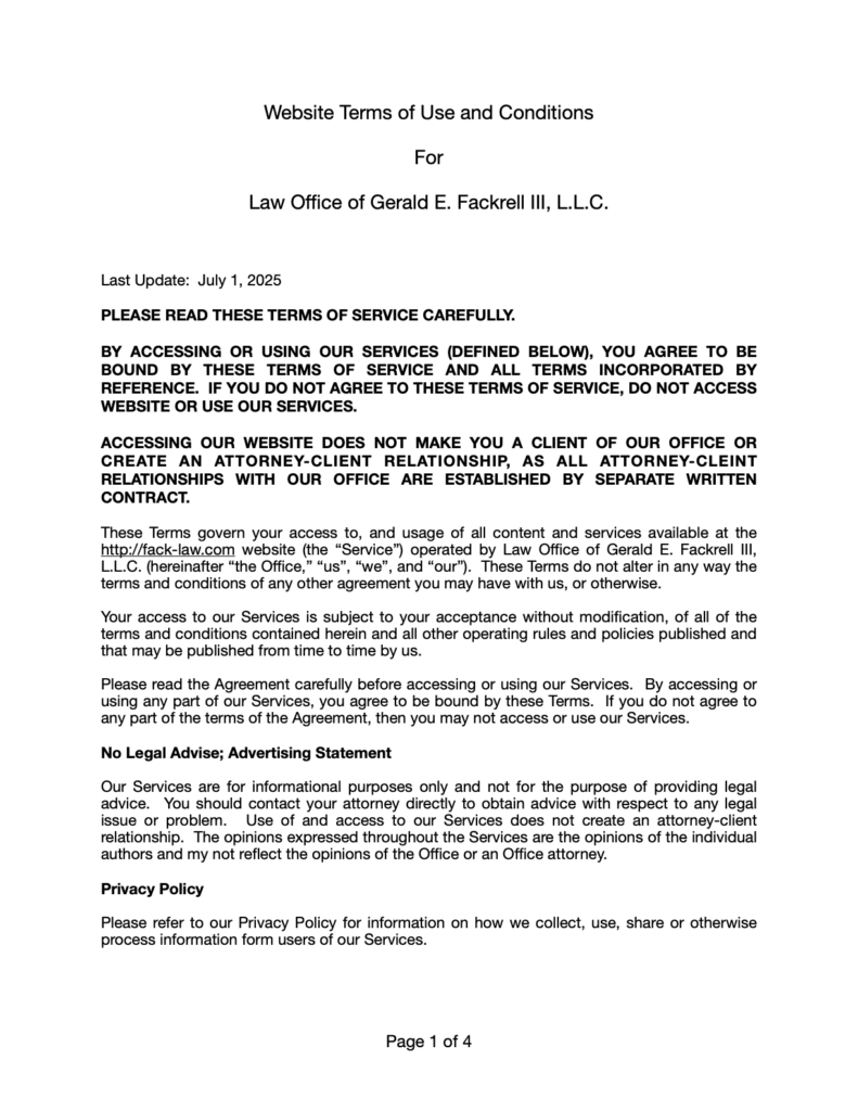 Terms of Use and Conditions, pg. 1, for fack-law.com.