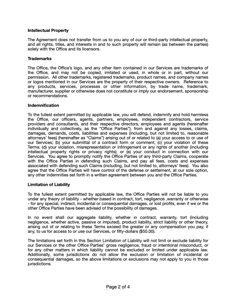 Terms of Use and Conditions, pg. 2, for fack-law.com.