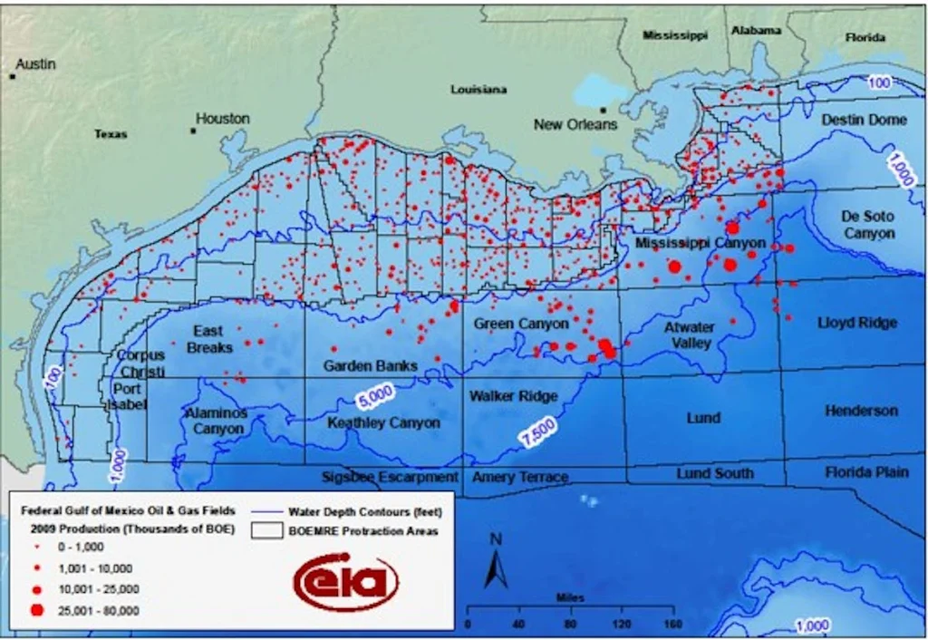Map of U.S. Gulf's Oil & Gas Field, used by fack-law.com to show the 3 Gulf States' regional connectivity.