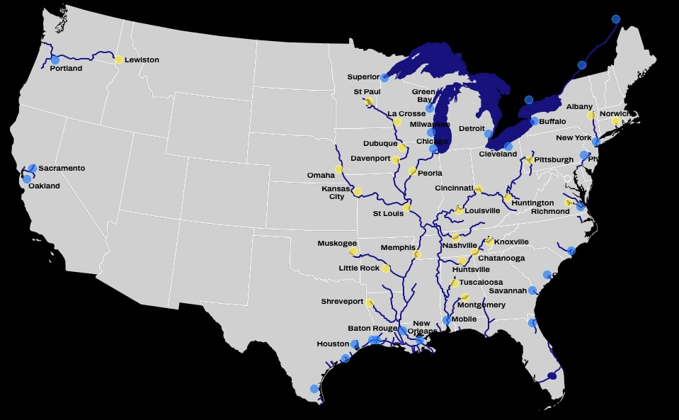 Map of U.S. Inland Ports, used by fack-law.com to show the 3 Gulf States' regional connectvity