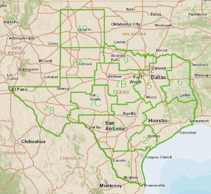 District map for TX Railroad Commission, used by fack-law.com to show the 3 Gulf States' regional development.