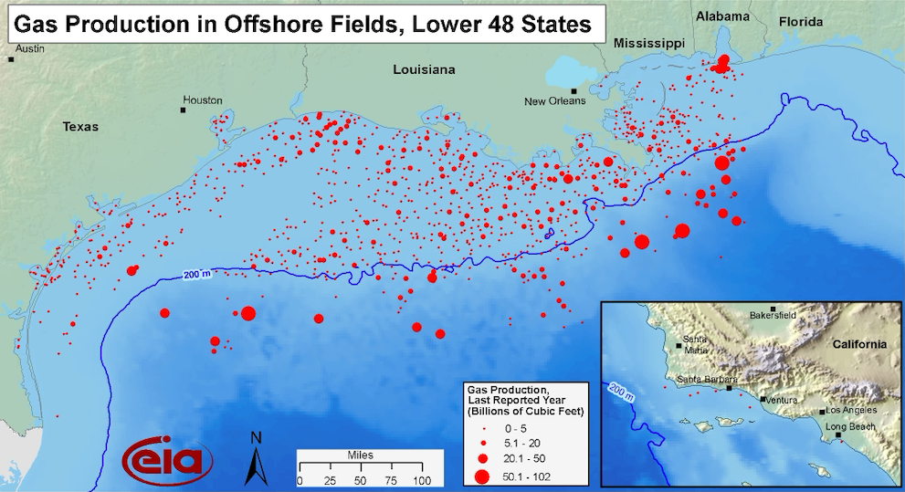 Map of Offshore energy production, used by fack-law.com to show the 3 Gulf States' regional connectivity and development.