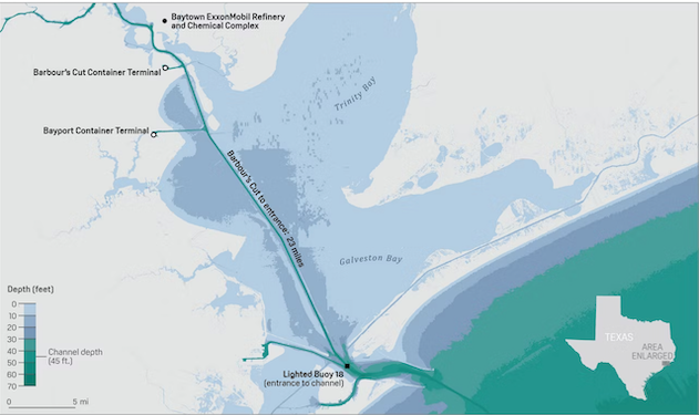 Map of Houston Ship Channel, used by fack-law.com to show the 3 Gulf States' regional connectivity.