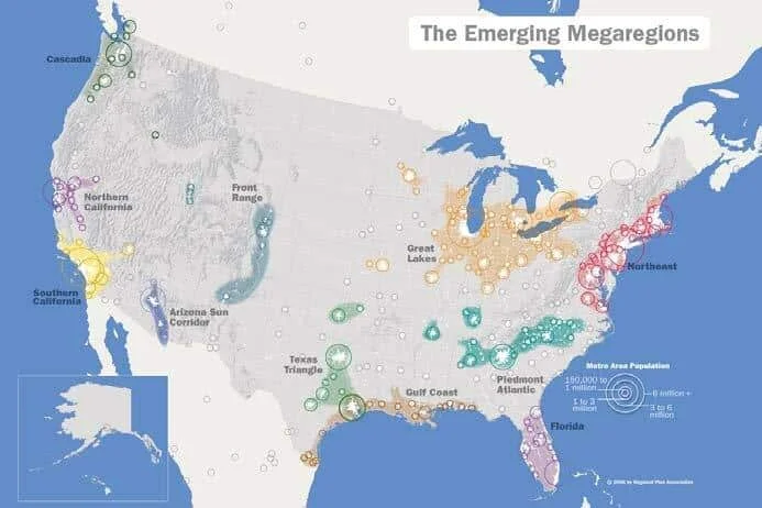 Map of Emerging U.S. Megaregions, used by fack-law.com to show the 3 Gulf States' regional connectivity and development.