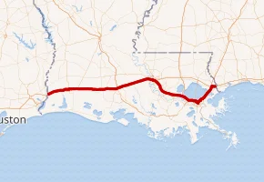 Map of the I-10 System in Louisiana, used by fack-law.com to show the 3 Gulf States' regional connectivity.