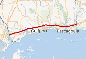 Map of the I-10 System in Mississippi, used by fack-law.com to show the 3 Gulf States' regional connectivity.