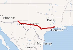 Map of the I-10 System in Texas, used by fack-law.com to show the 3 Gulf States' regional development.