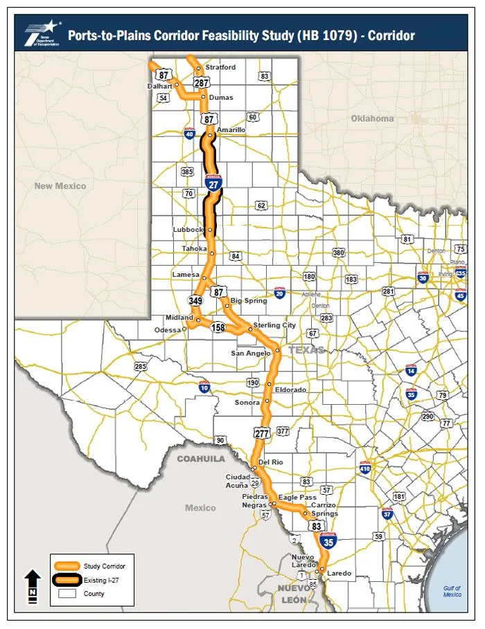 Map of I-27 System in Texas, used by fack-law.com to show the 3 Gulf States' regional connectivity and development.