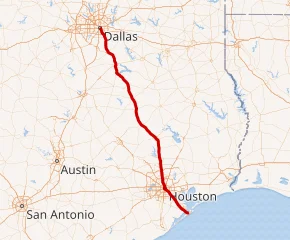 Map of I-45 corridor in Texas, used by fack-law.com to show the 3 Gulf States' regional connectivity.