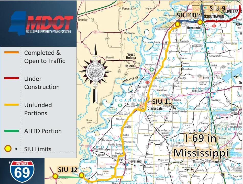 MDOT map of I-69 corridor in Mississippi.