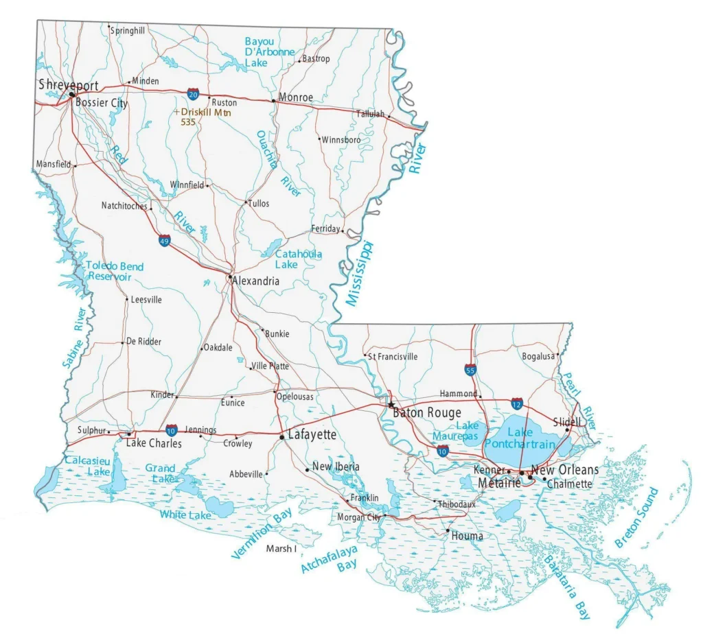 Map of Louisiana Interstates, used by fack-law.com to show the 3 Gulf States' regional connectivity.