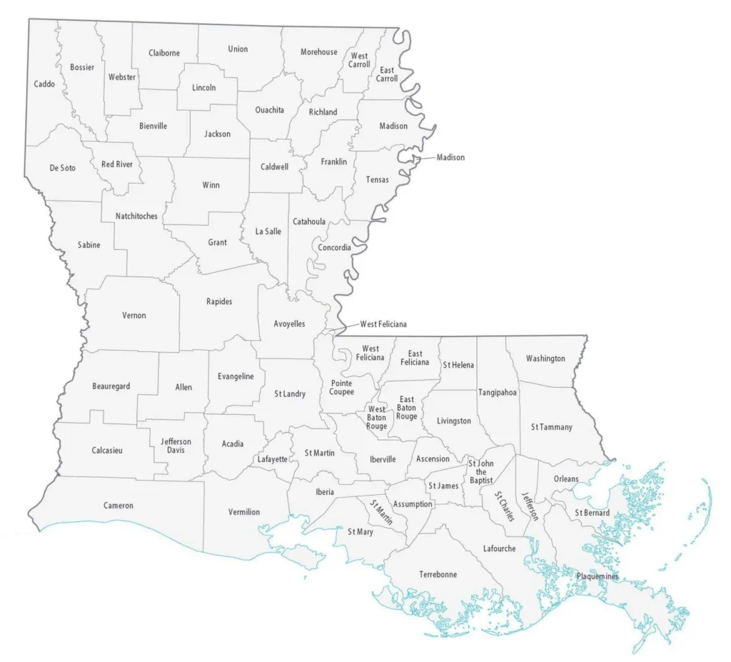 Map of Louisiana parishes used by fack-law.com to show the 3 Gulf States' regional connectivity.