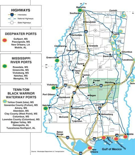 Map of MS highways and ports, used by fack-law.com to show the 3 Gulf States' regional connectivity.