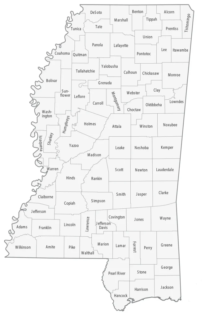 Map of Mississippi counties, used by fack-law.com to show the 3 Gulf States' regional connectivity.