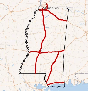 Map of the Mississippi interstate corridors, used by fack-law.com to show the 3 Gulf States' regional connectivity.