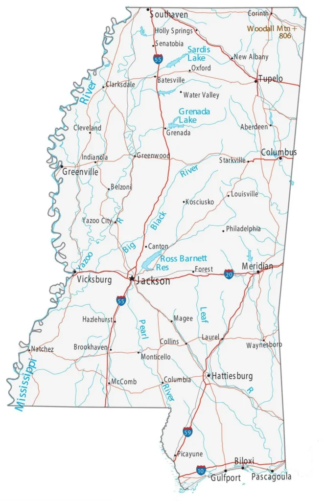 Map of Mississippi Interstates, used by fack-law.com to show the 3 Gulf States' regional connectivity.